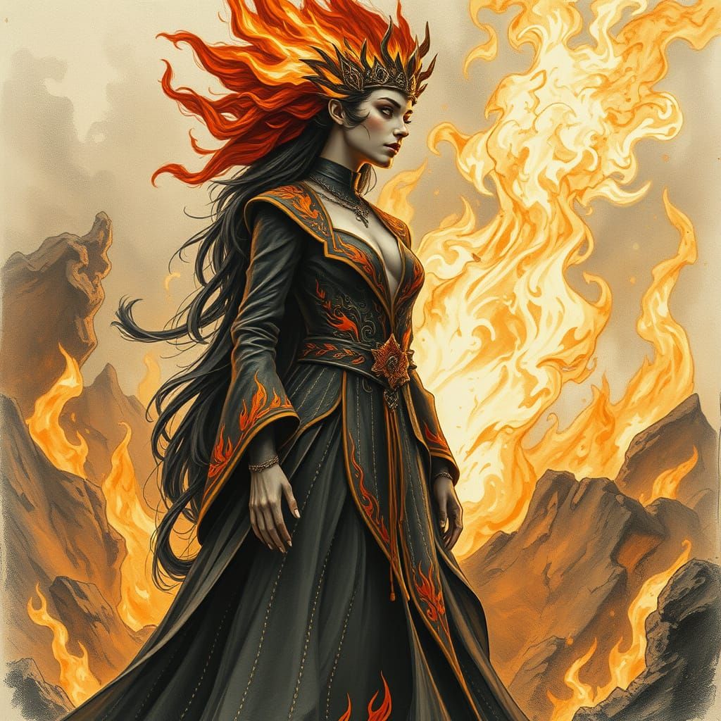 Surreal Fire Goddess in Hyperdetailed Charcoal Drawing Style