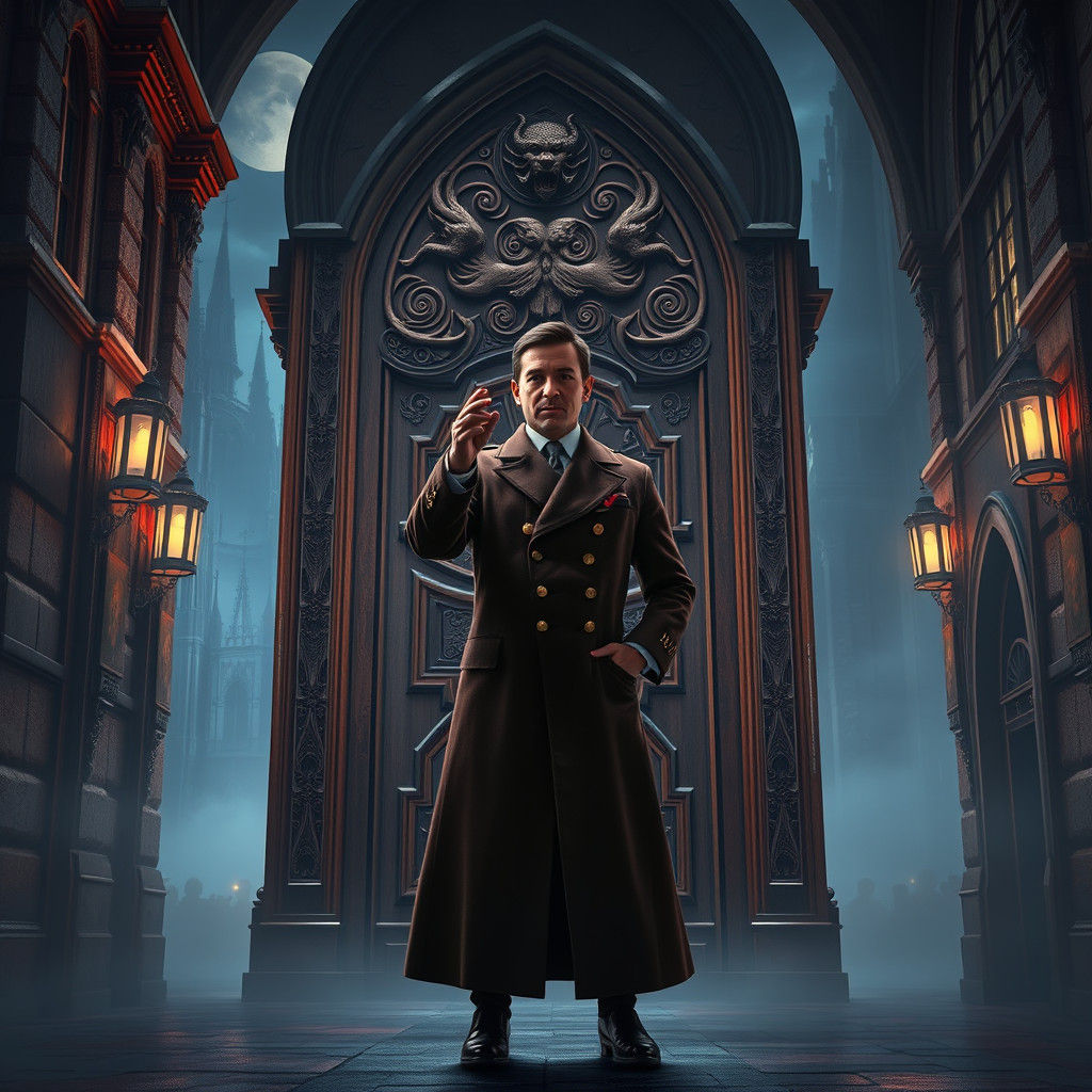 Mystical Waiter Gesturing in a Moonlit Alley