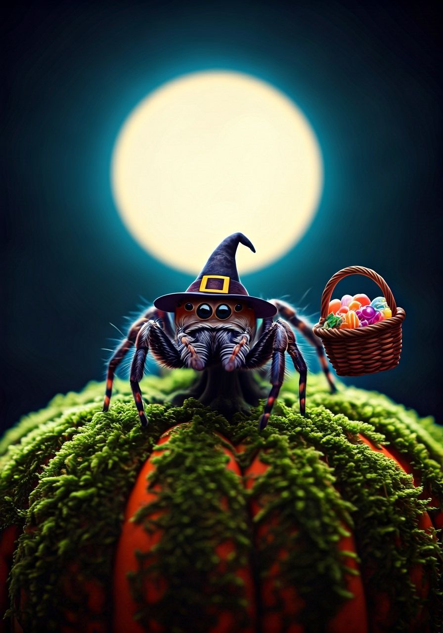Whimsical Witch Spider with Candy Basket on Halloween Night