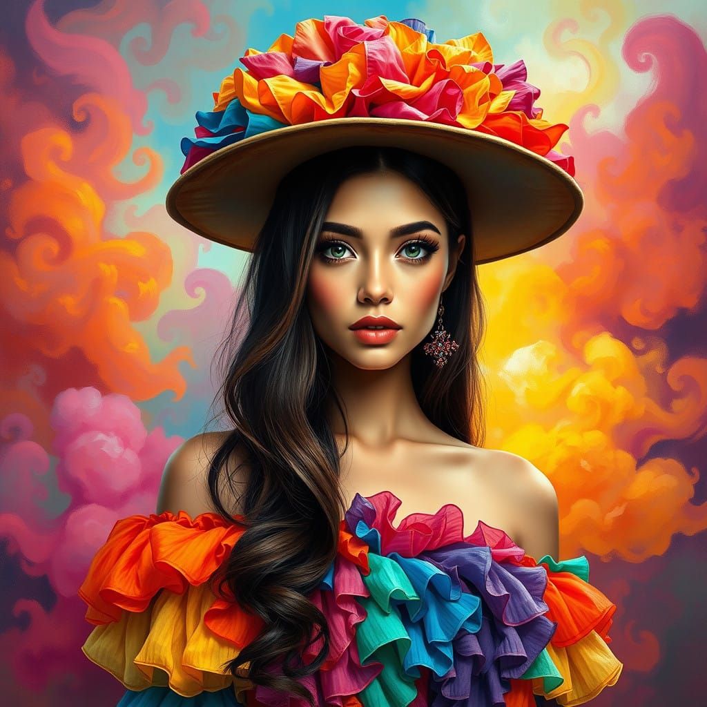 Surreal Fantasy Woman in Whimsical, High-Contrast Outfit