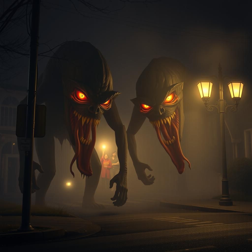 Creepy Halloween Creatures Lurking on Dark Street
