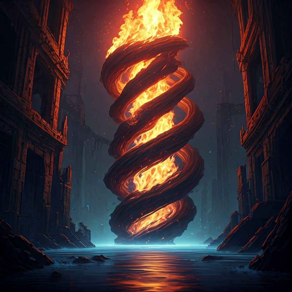 Fire Elemental Rises from Flooded Ruins in Futuristic Style