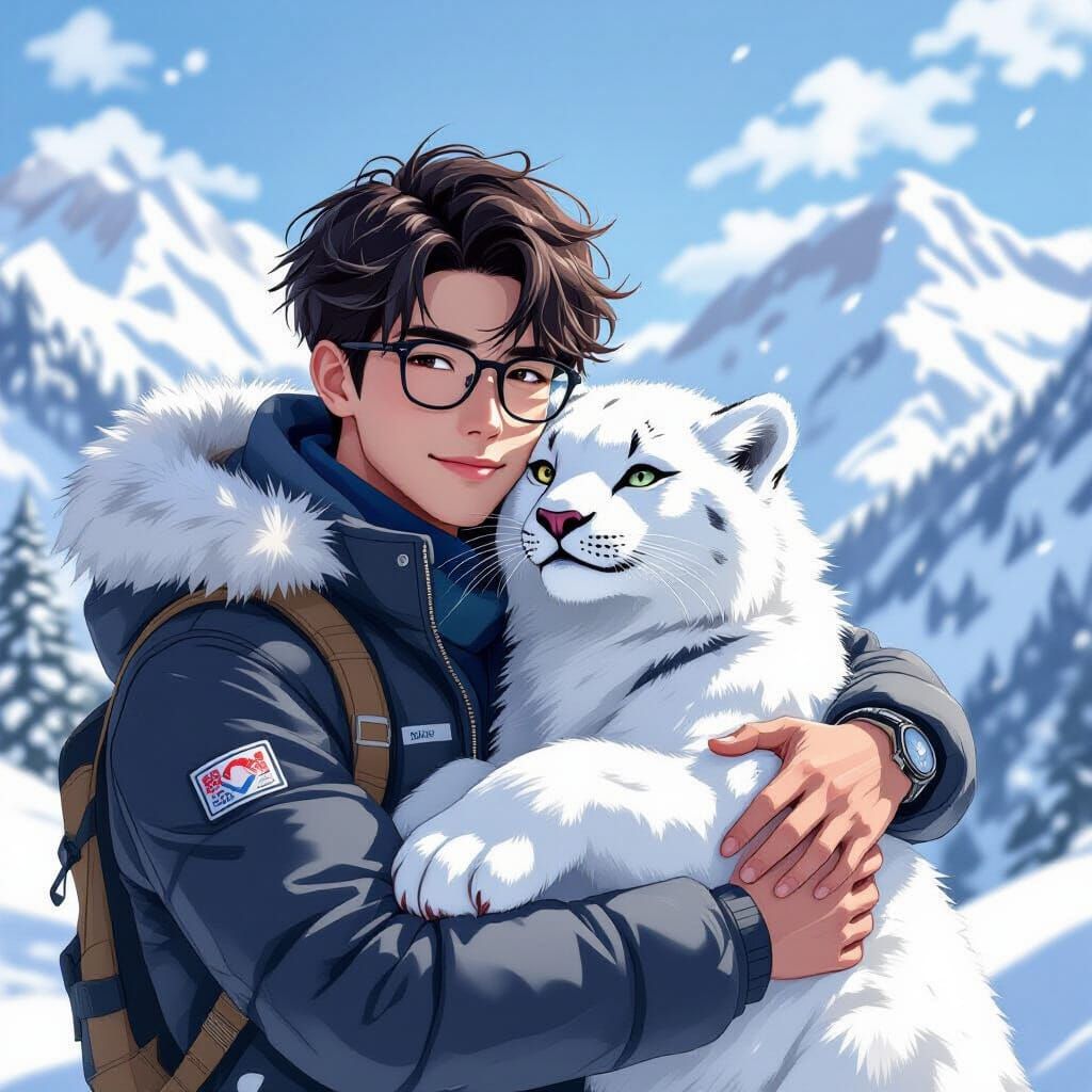 Athletic Man Hugs Snow Leopard in Sunny Mountains