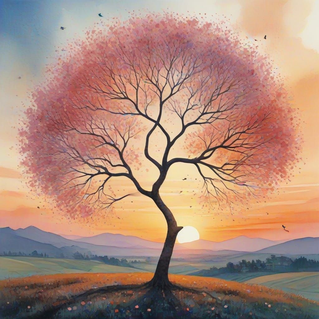 Watercolour Blossom Tree Bird at Sunset