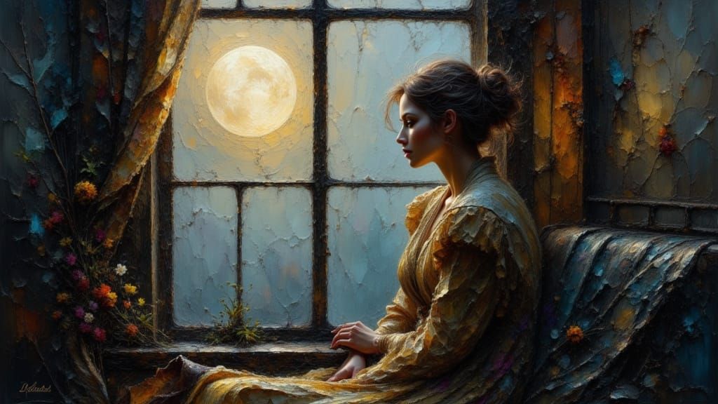 Melancholic Woman in Moonlight: Impasto Oil Painting