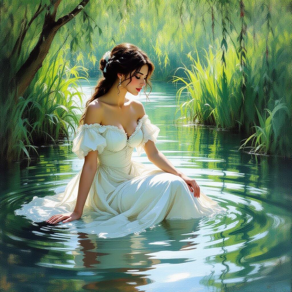 Lady Bathing in River: Romantic Impressionistic Realism