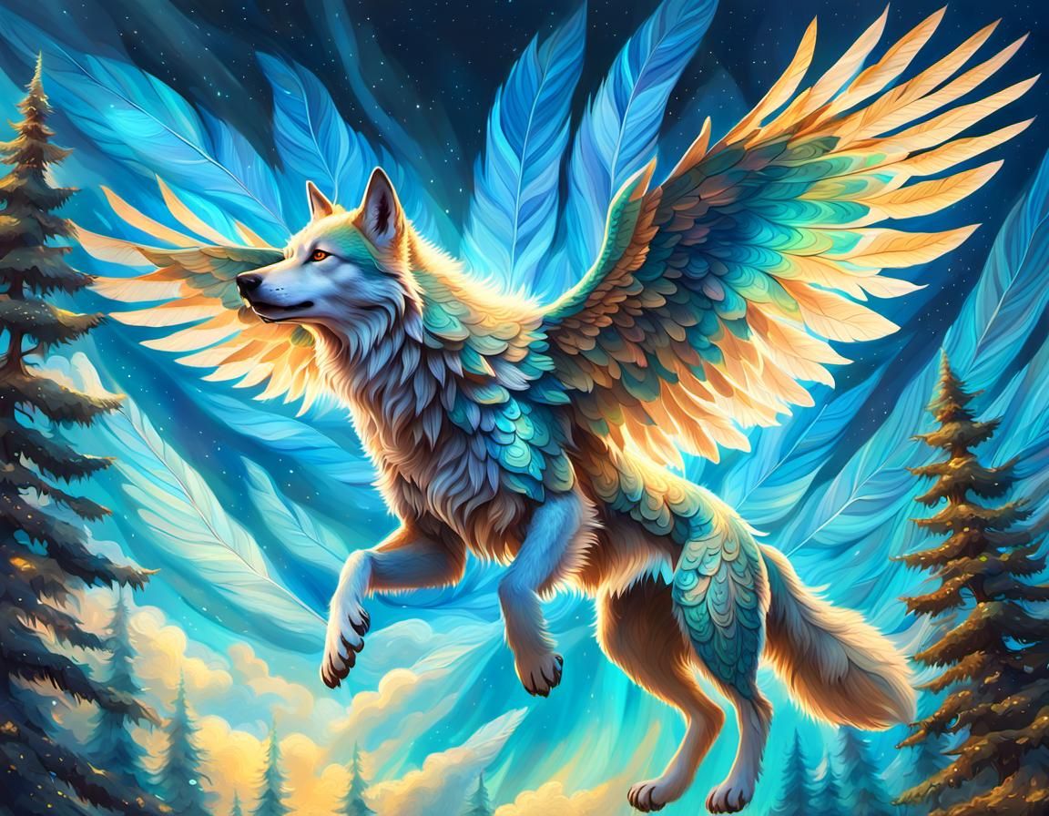 Winged Wolf Soaring in Surreal Art Nouveau Sky