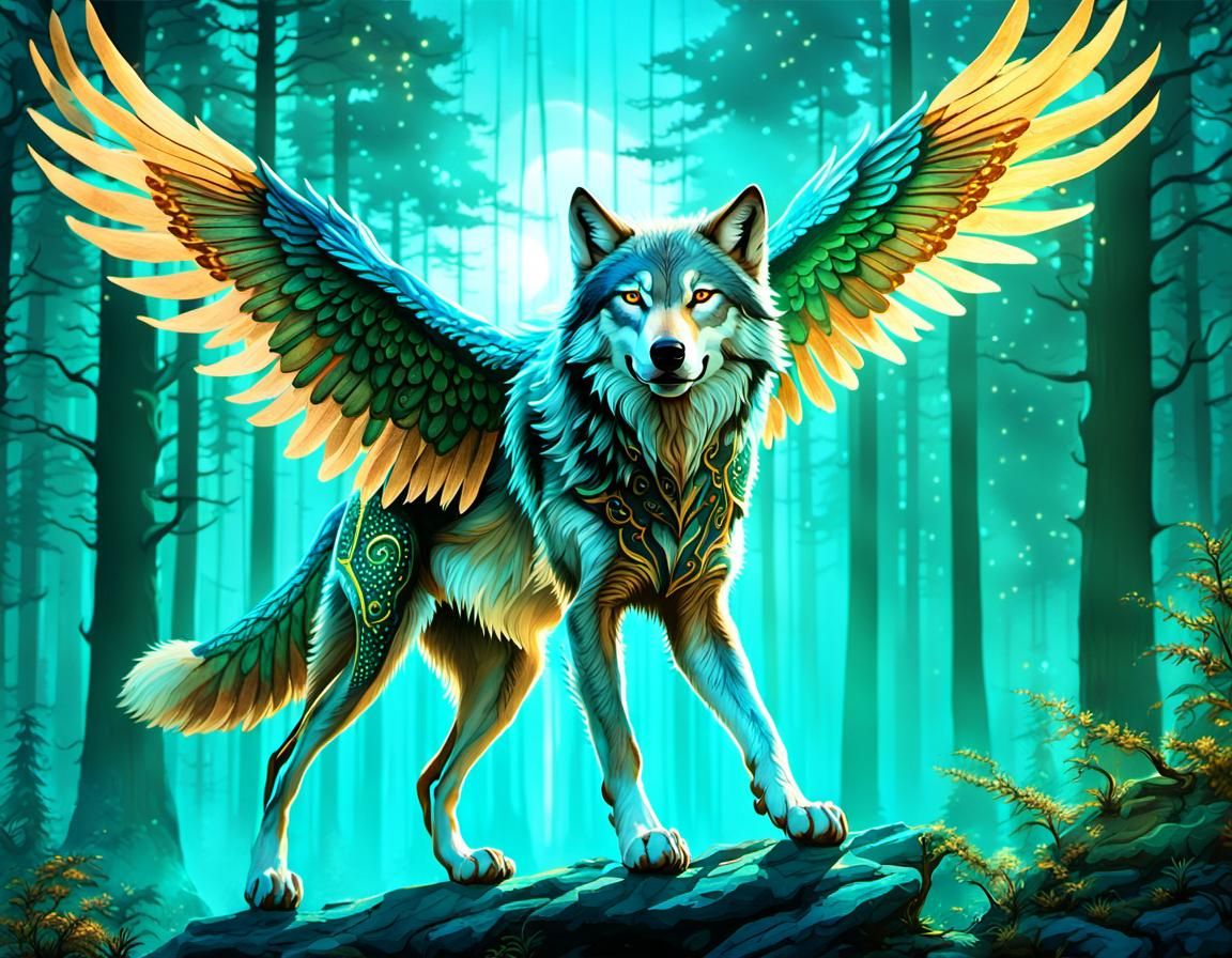 Winged Wolf Soaring Through Fantasy Sky in 3D Anime Art