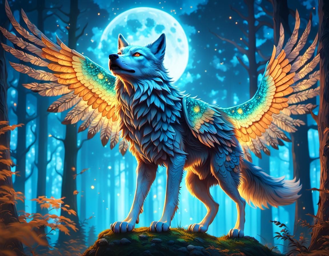 Winged Wolf Soaring Over Fantasy Forest in 3D Anime