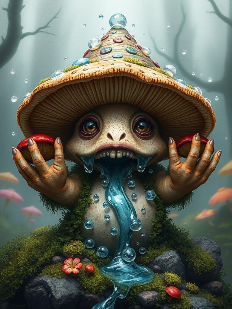 Mystical Mushroom Sprite in Vibrant Forest Scene