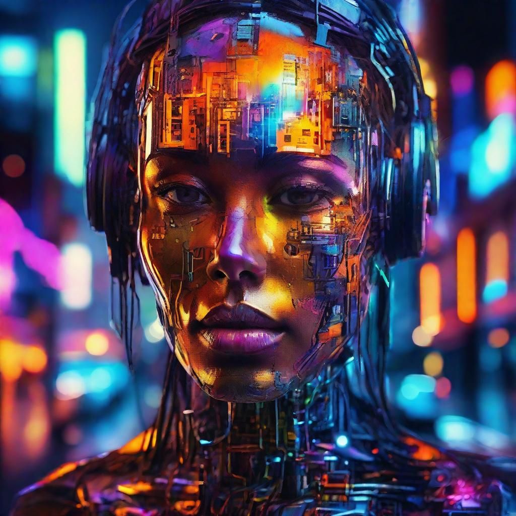 Cyborg Mind: Neon Cityscape in Surreal Oil Painting