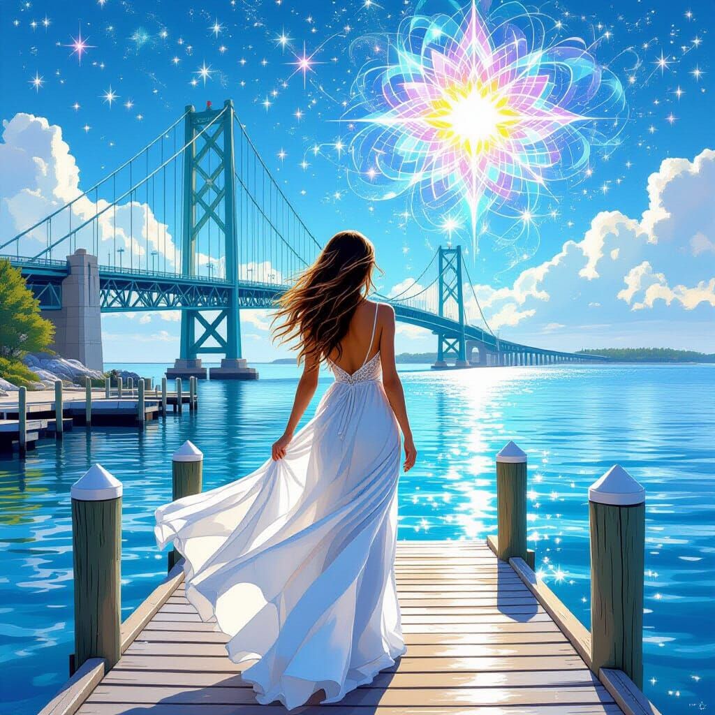 Woman Gazing at Mackinac Bridge with Fae Energy