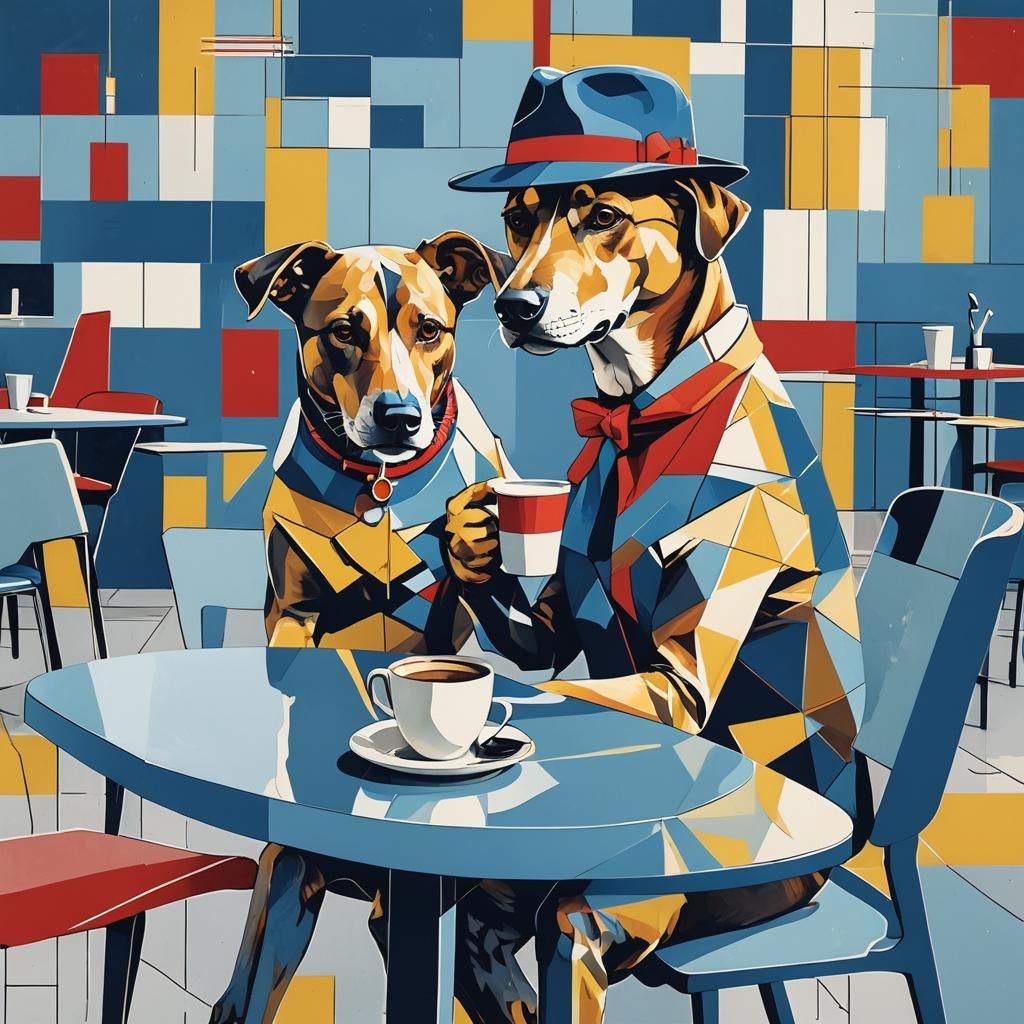 Geometric Bauhaus Dog Drinking Coffee in Cafe