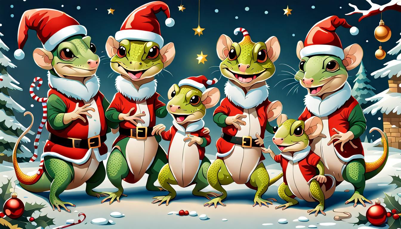 Lizard Family Christmas Cartoon Illustration