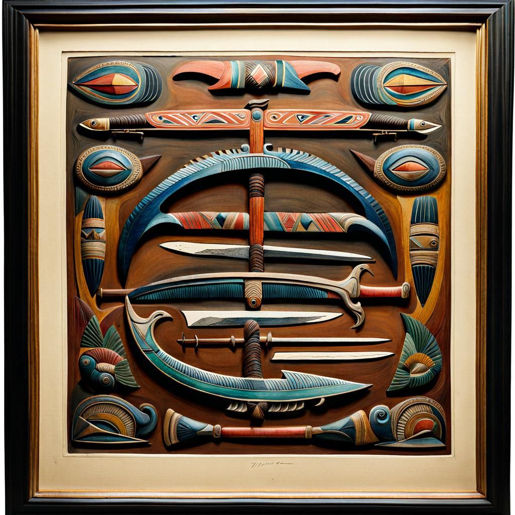 Iridescent Watercolor Wood Carving of Weapons