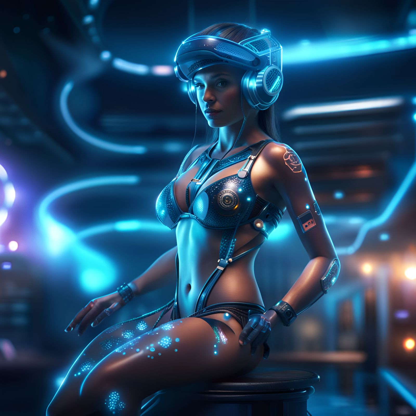Hyperrealistic Bikini Woman Gaming with Hologram