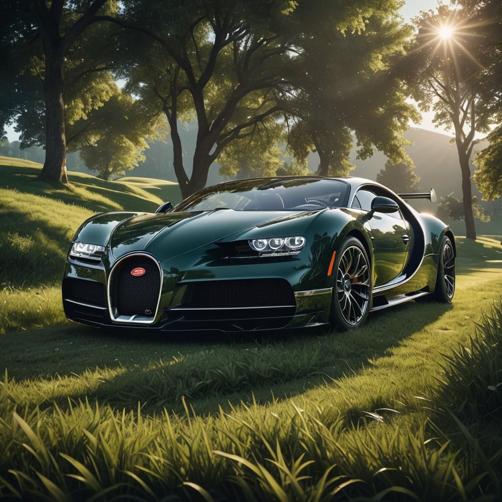 Bugatti on Grassy Hill in Hyper-Realistic Digital Art