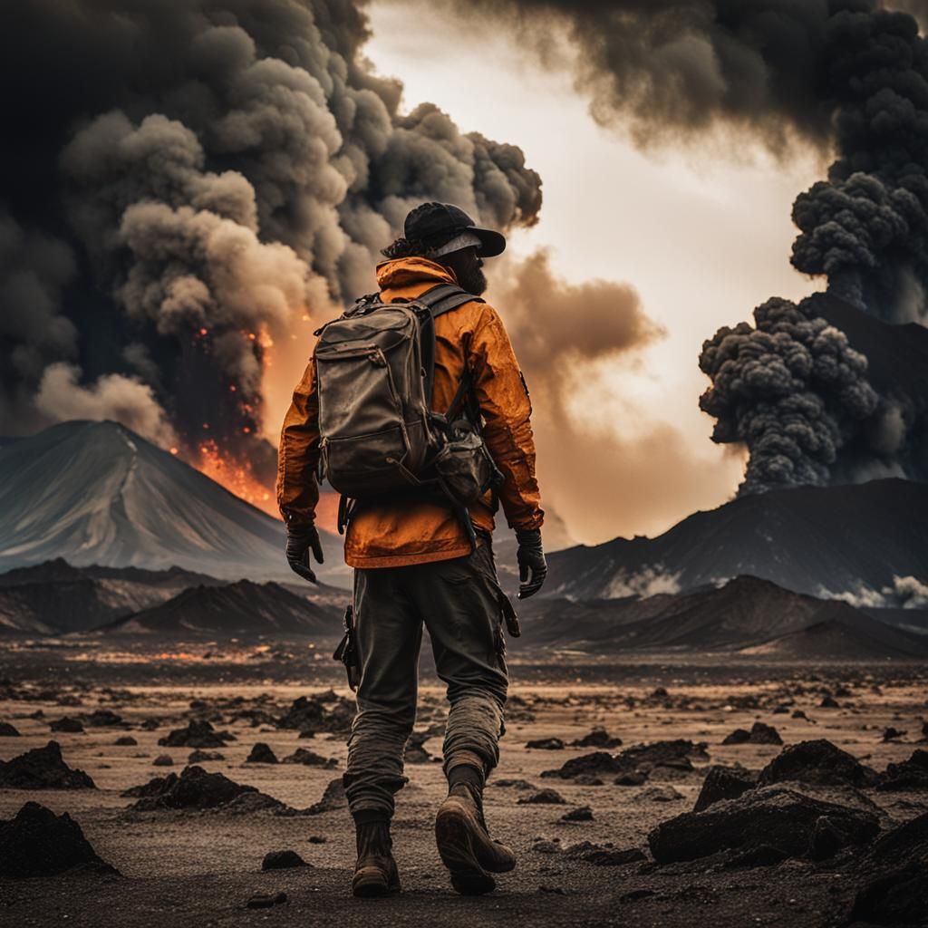 Post-Apocalyptic Survivor Amidst Volcanic Wasteland