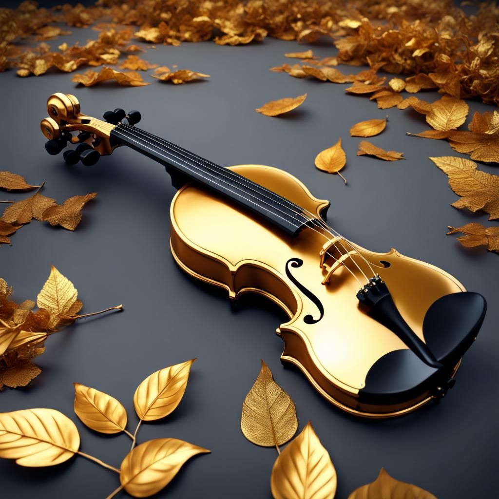 Metallic Gold Violin with Golden Leaves