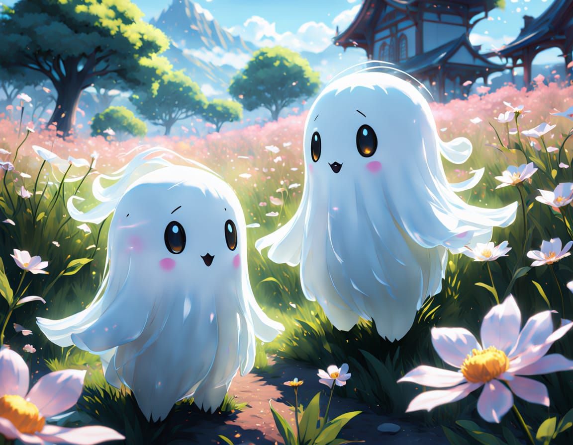Pastel Anime Ghosts in a Vibrant Flower Field