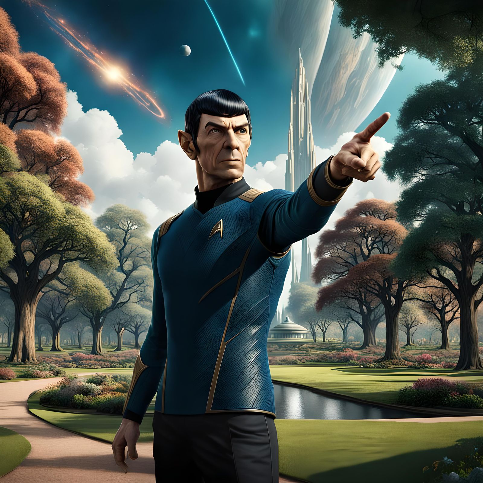 Spock-like Figure Points Skyward: Matte Painting