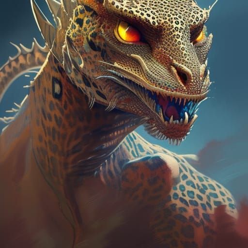 Detailed Dragon Leopard Portrait in Art Nouveau Style