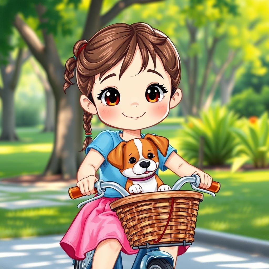 Girl Rides Bike with Dog in Whimsical Gouache Style