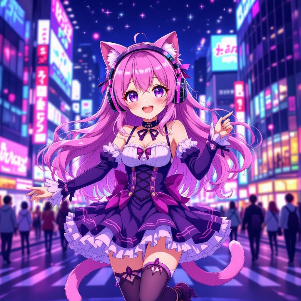 Anime Cat Girl Dances in Neon Shibuya, Kawaii Style