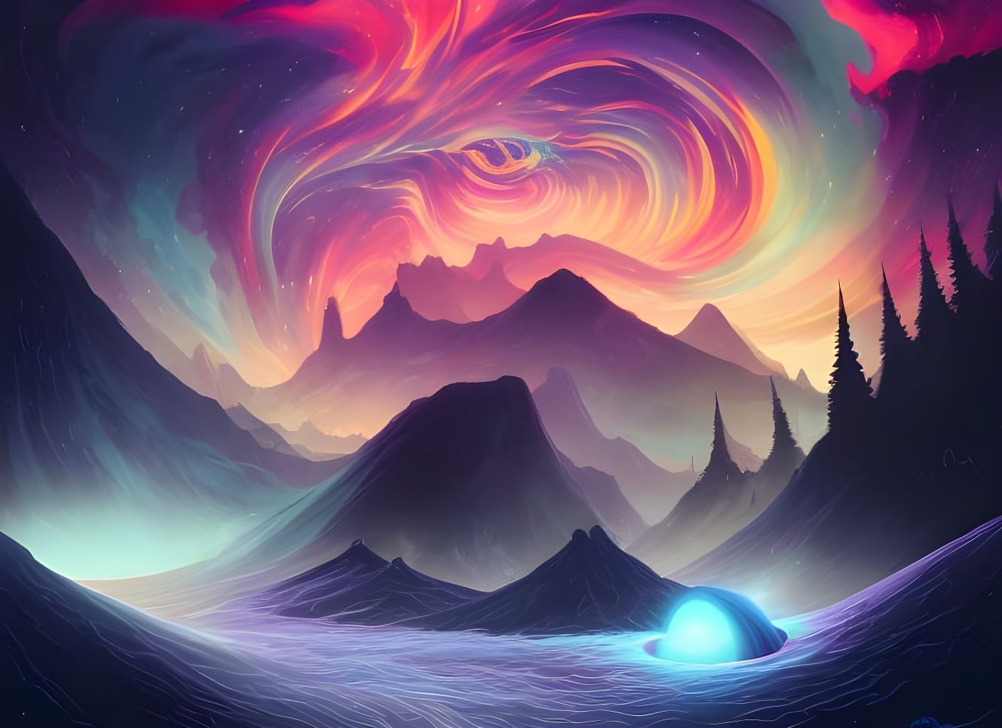 Astral Lake with Cosmic Vortexes in Digital Artwork