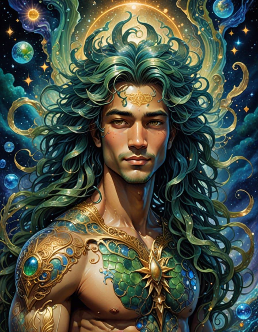 Cosmic Merman Portrait in Ethereal Style