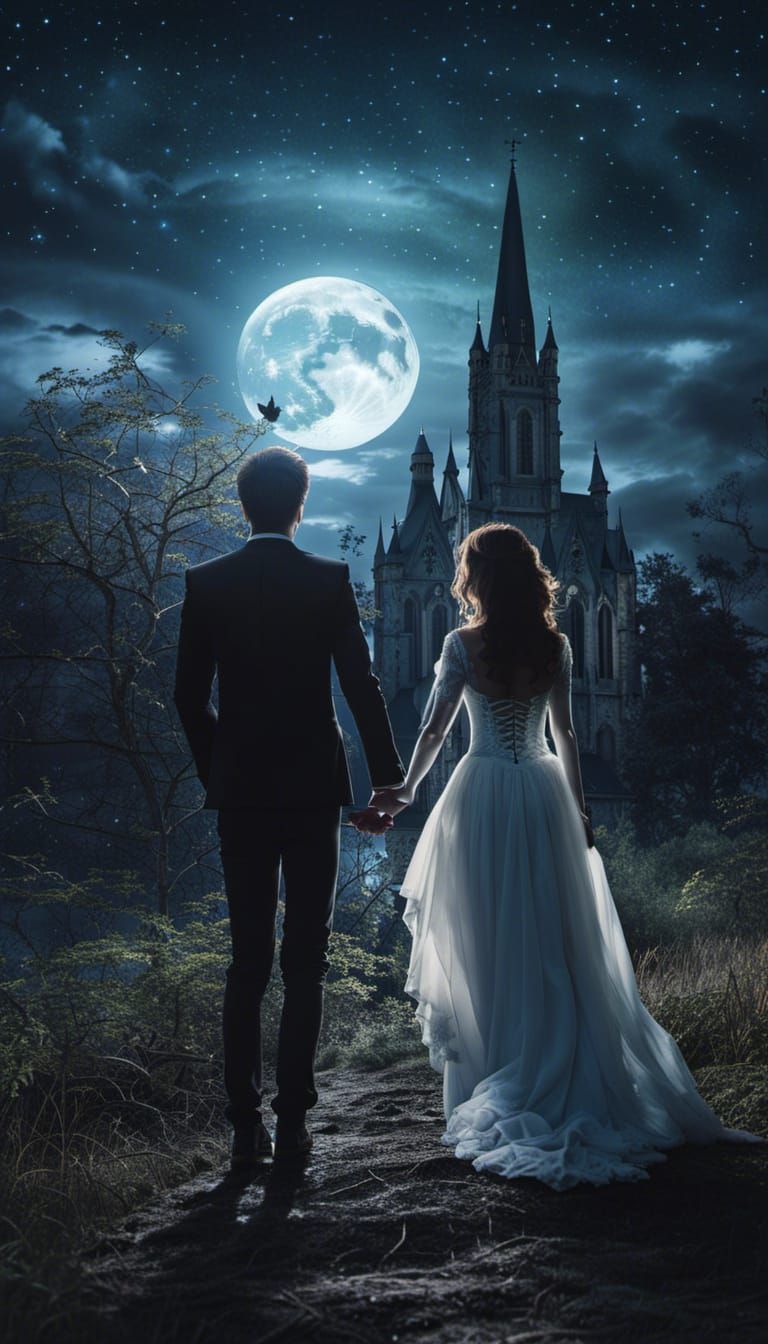 Couple under the spooky full moon