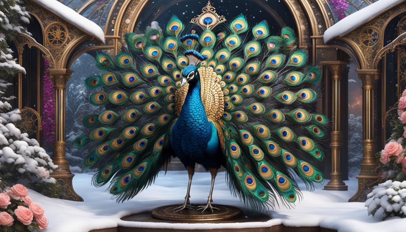 Steampunk Peacock in a Snowy Metal Garden
