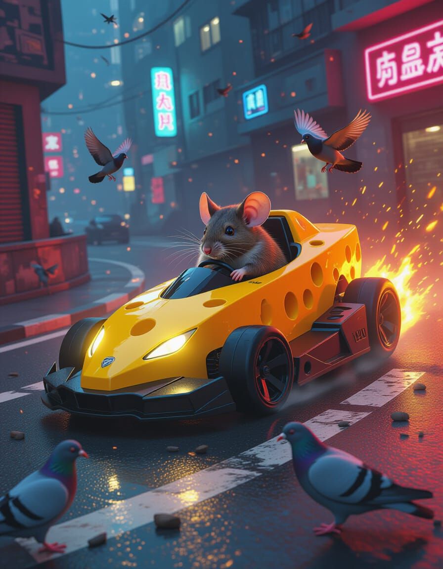 Mouse Drifting Cheese Kart in Cyberpunk Street Race