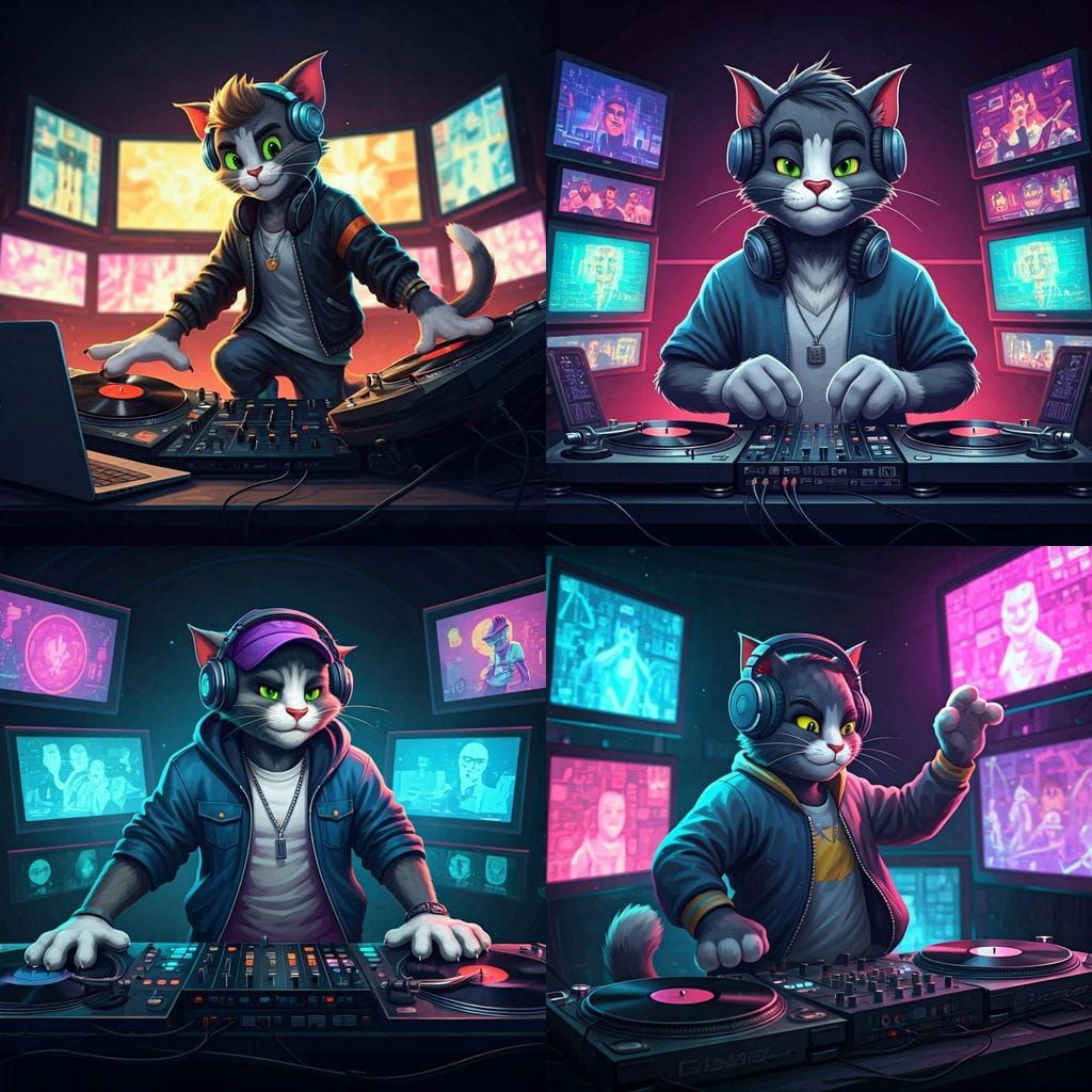 Anthropomorphic Cat DJ at Turntable in Digital Painting