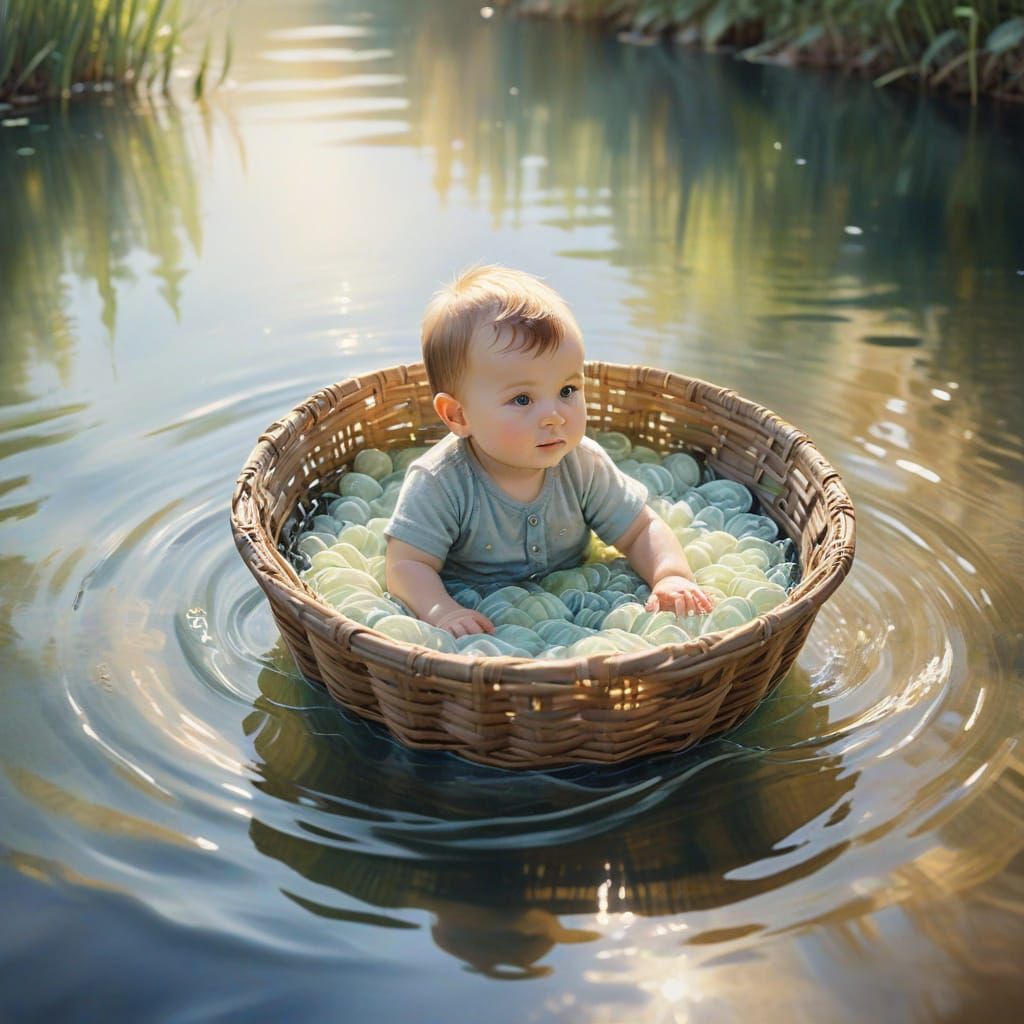 Whimsical Watercolor of Baby Boy in a Serene Water Scene