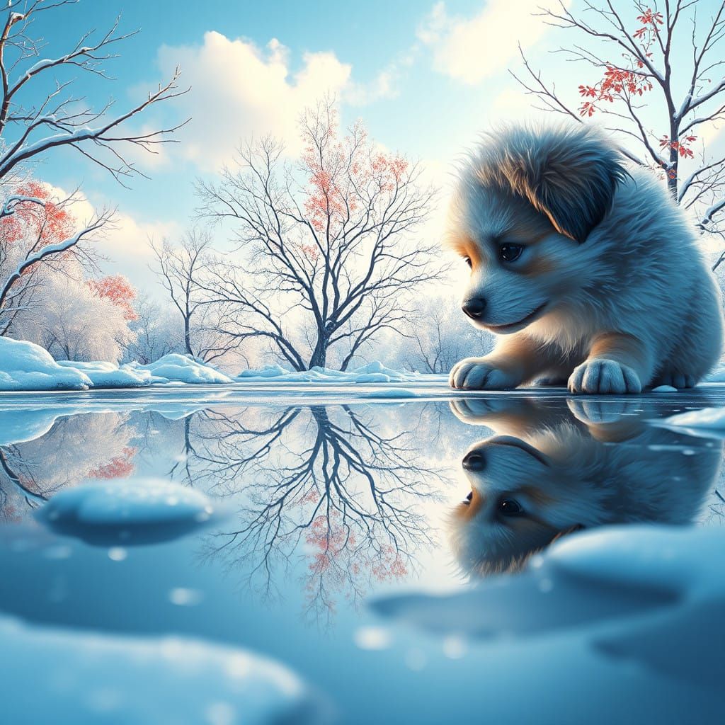 Serene Puppy Contemplates Winter Wonderland