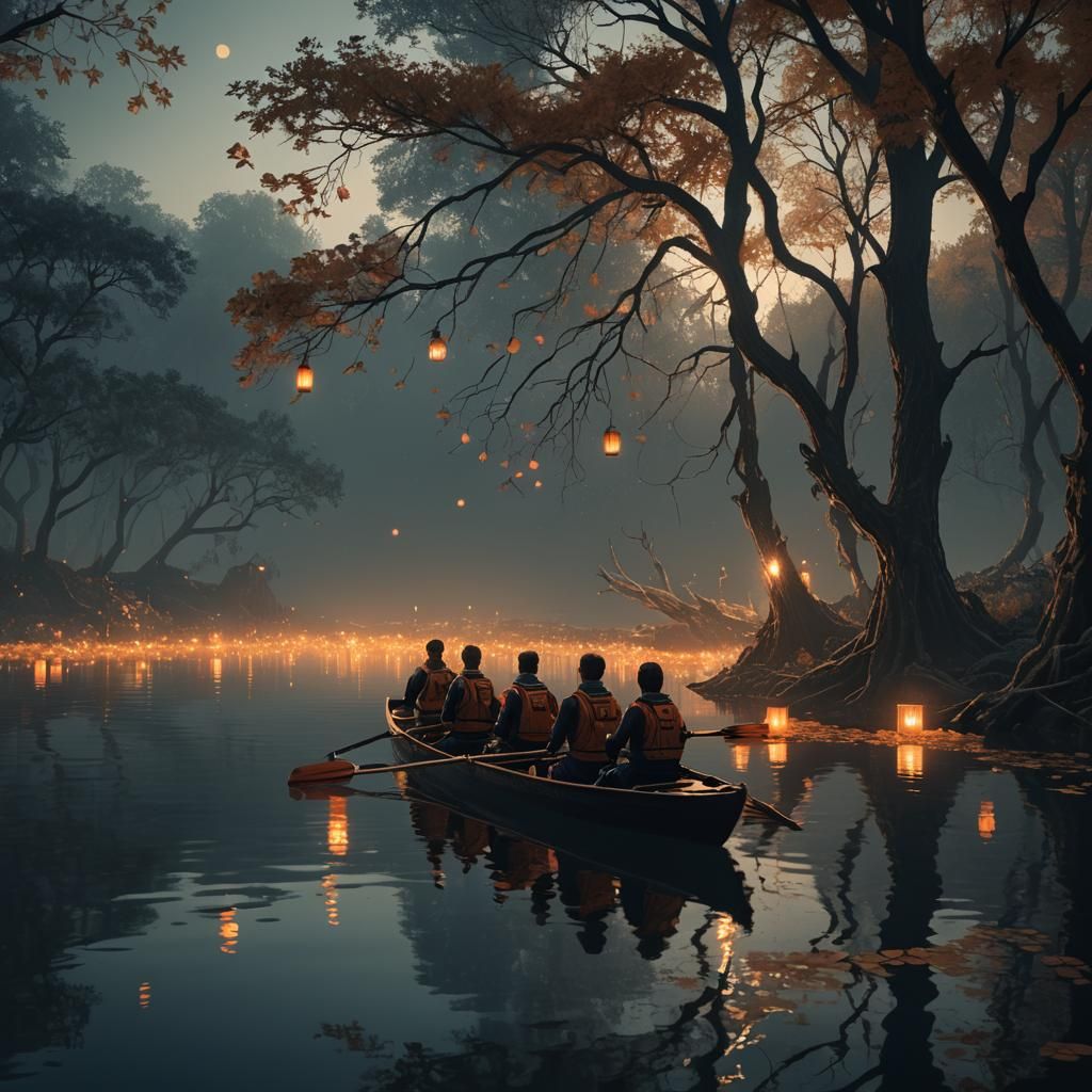 Rowing Crew on Dark Lake: Fantasy Matte Painting