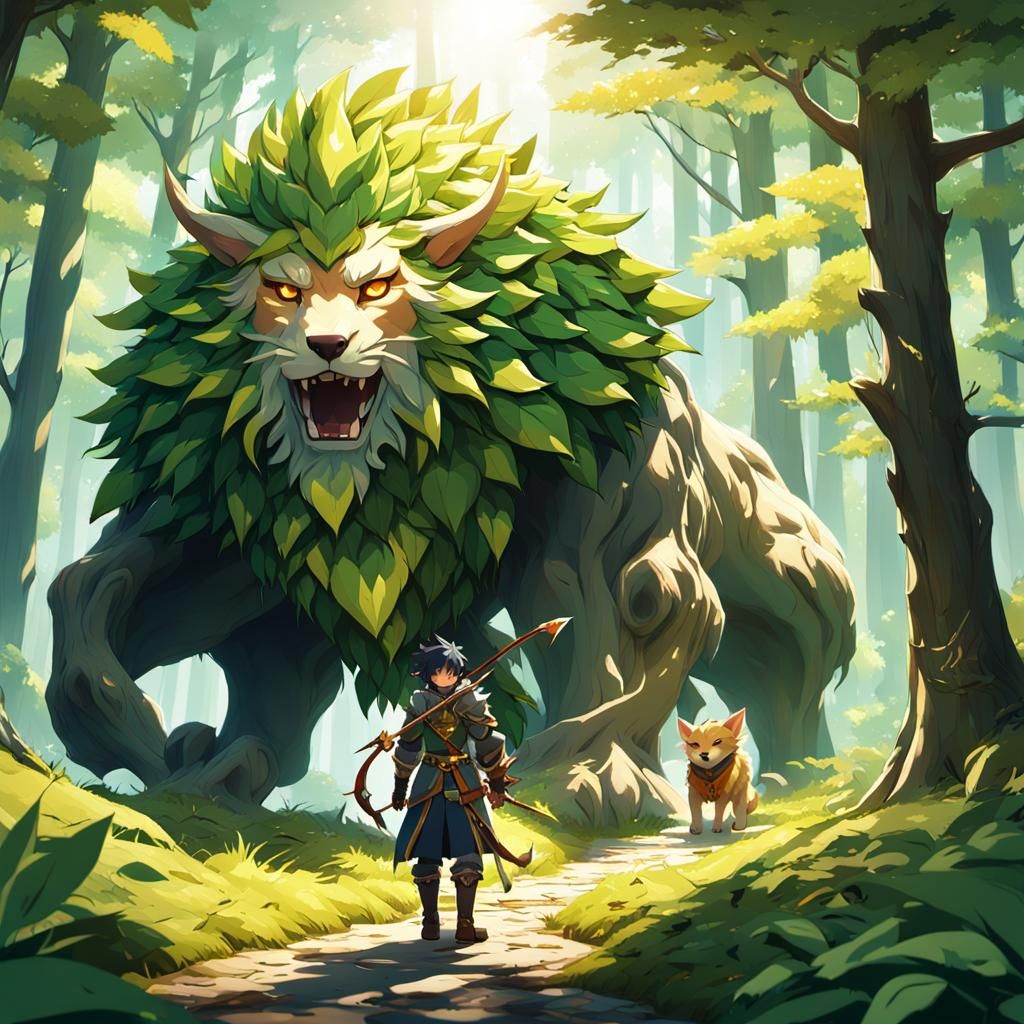 Anime Ranger Tracking Through Mystical Forest