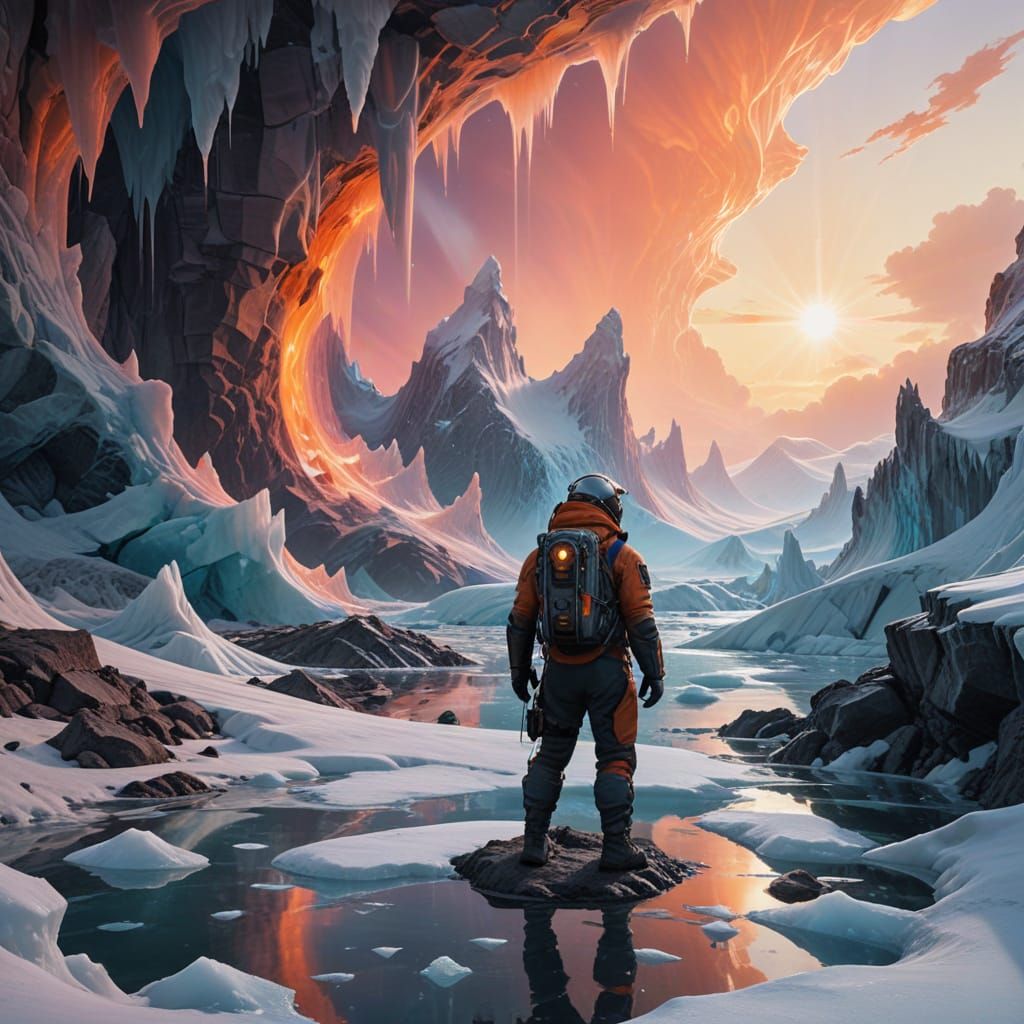 Explorer in Polar Wasteland, Shimmering Ice Field, Aurora Bo...