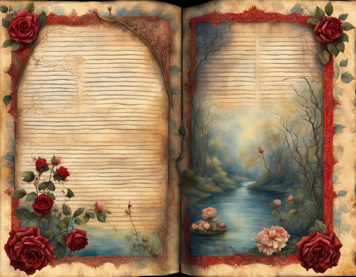 Illuminated Journal Page with Roses and River