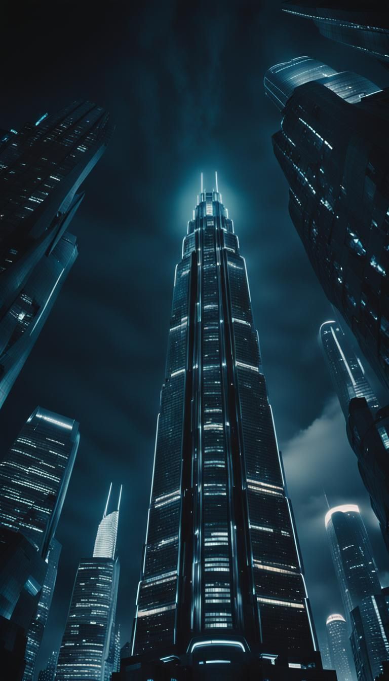 Futuristic Cityscape at Night in Dark Sci-Fi Film Aesthetic