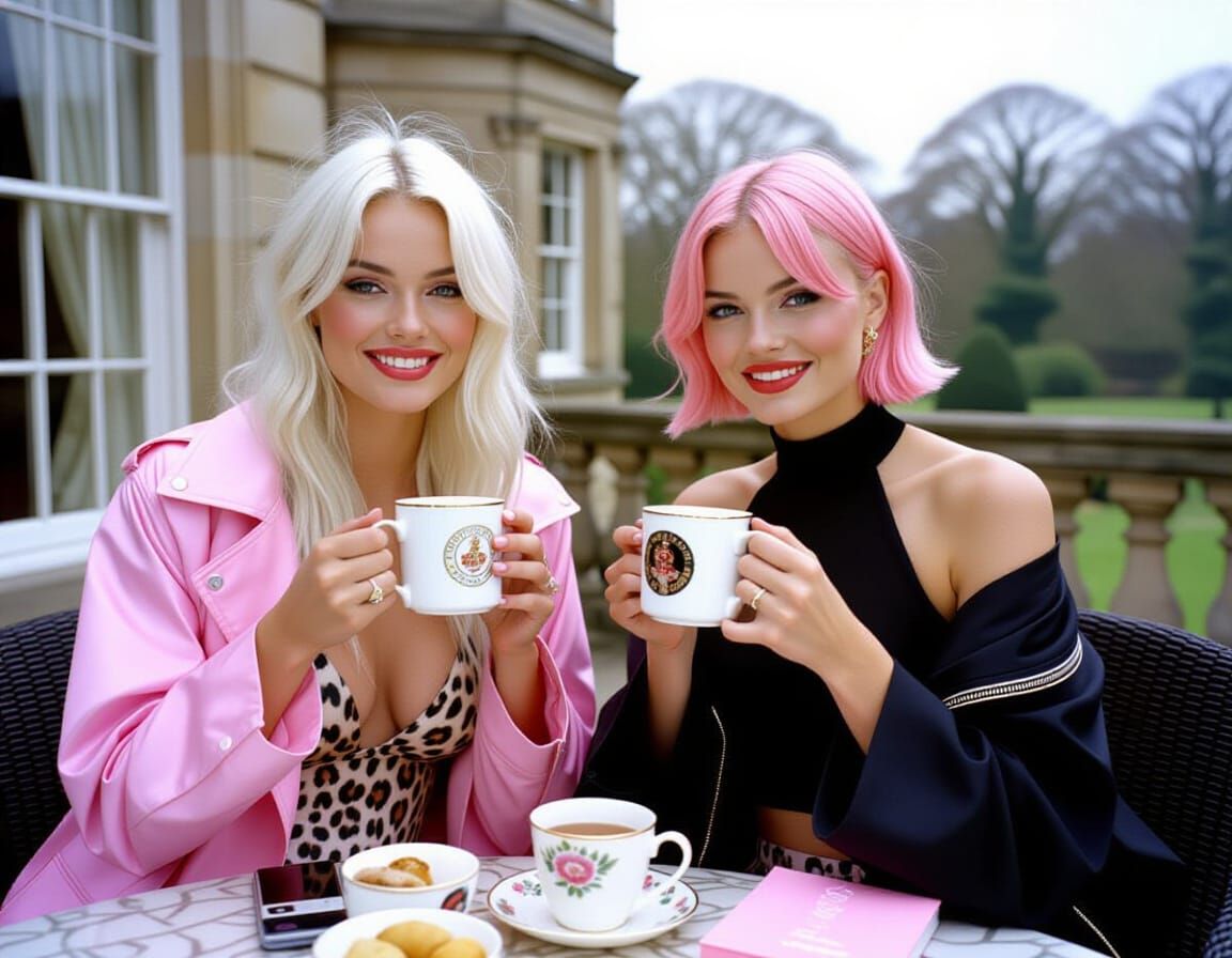 Two Women Enjoying Tea on an English Terrace
