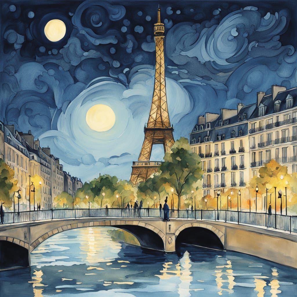 Elegant Parisian Night Scene in Dreamy Nocturne Style