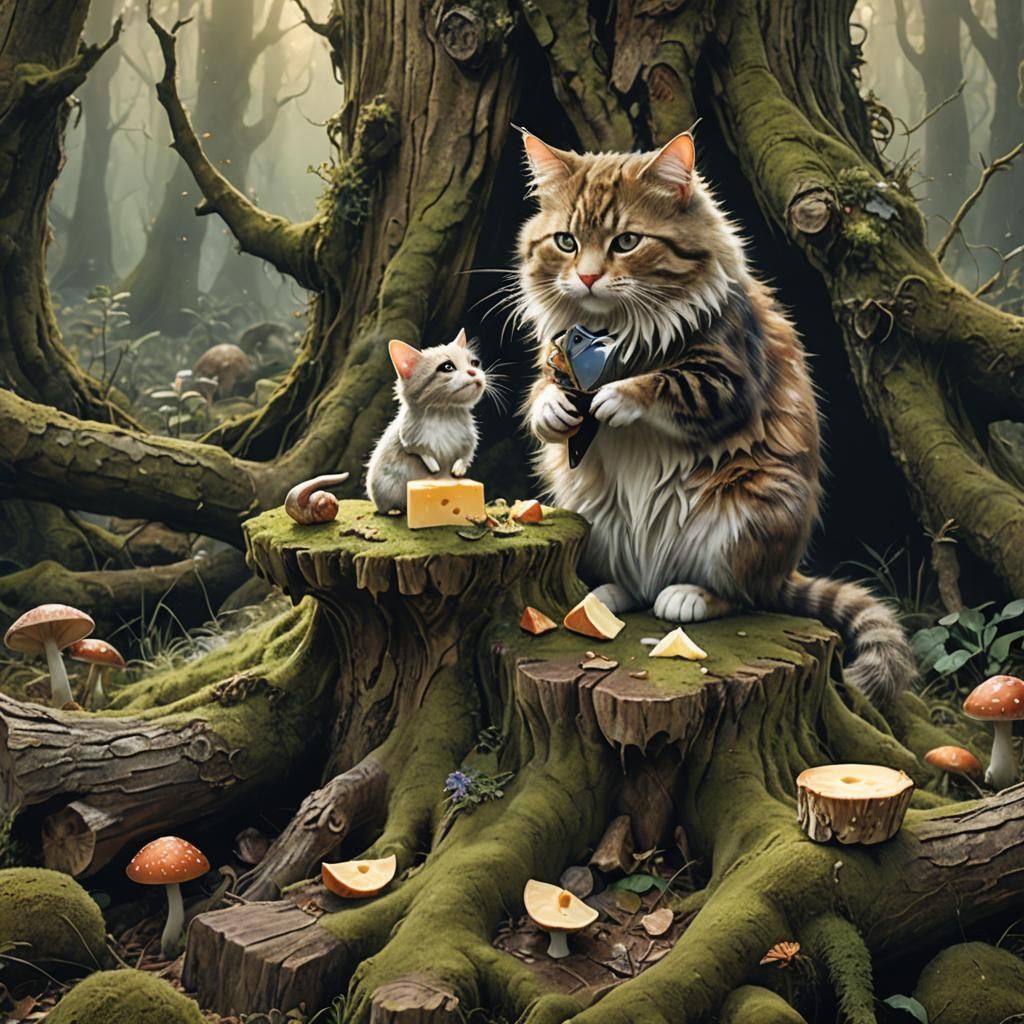 Cat and Mouse Share Cheese in Enchanted Forest