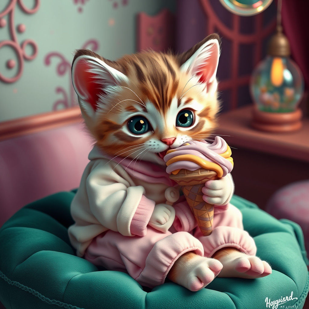 Whimsical Kitten in Pastel Pajamas Devours Ice Cream in Drea...