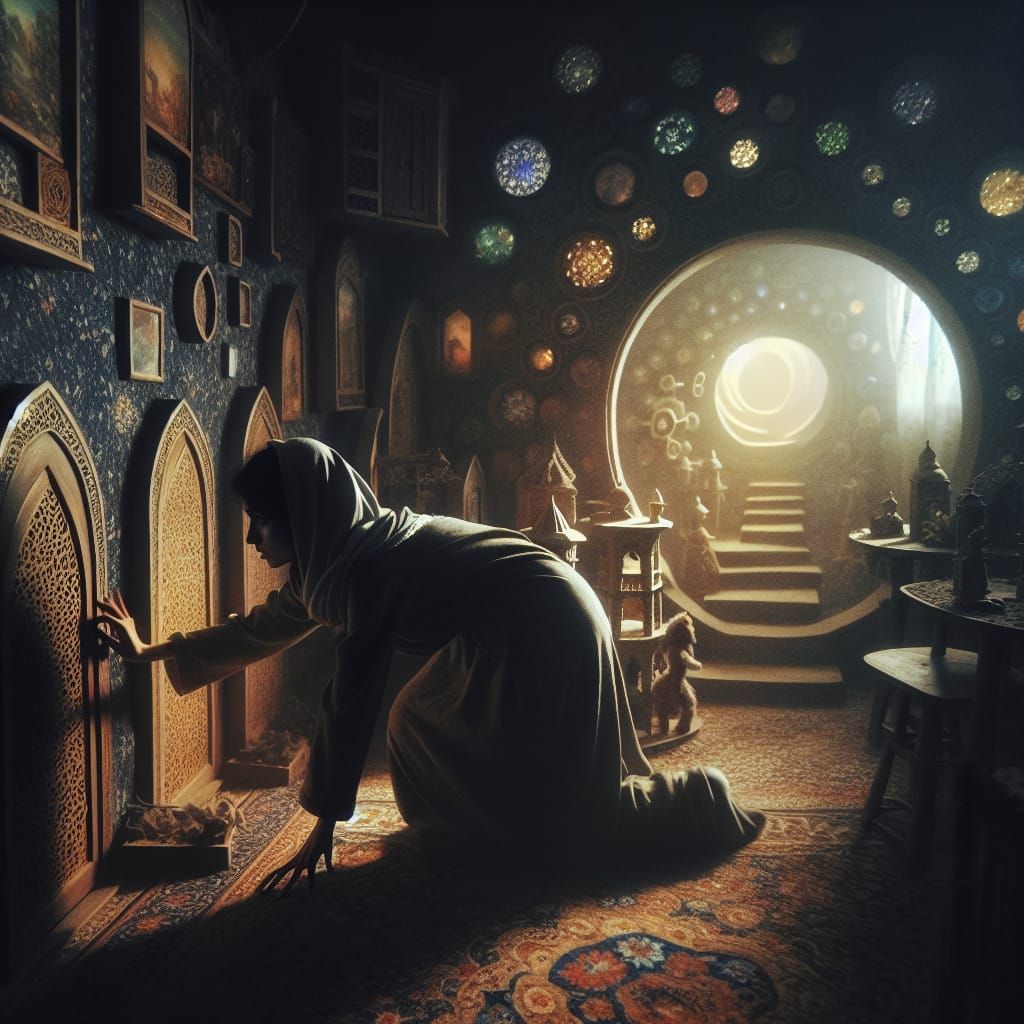 Woman Crawling Through Portal to Surreal Wonderland