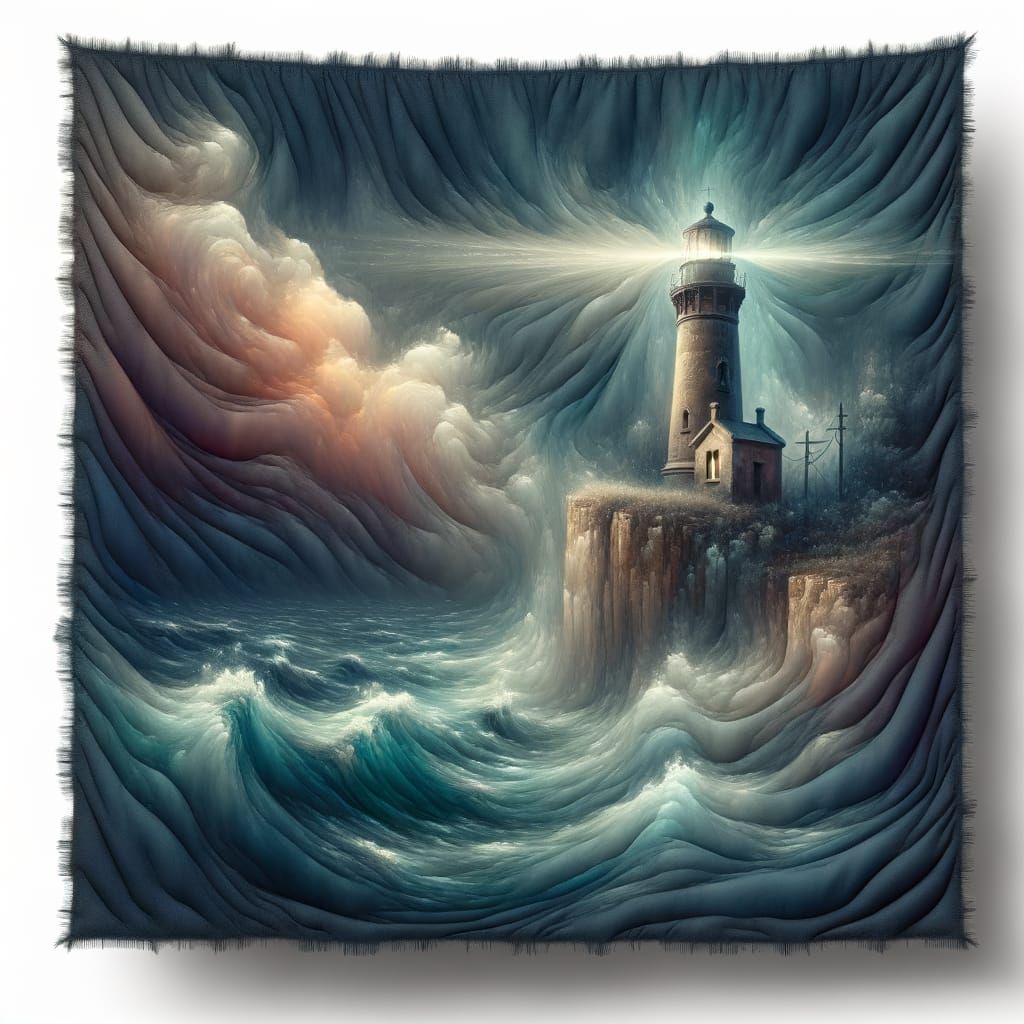 Romantic Lighthouse under Moonlit Stormy Skies in Watercolor...