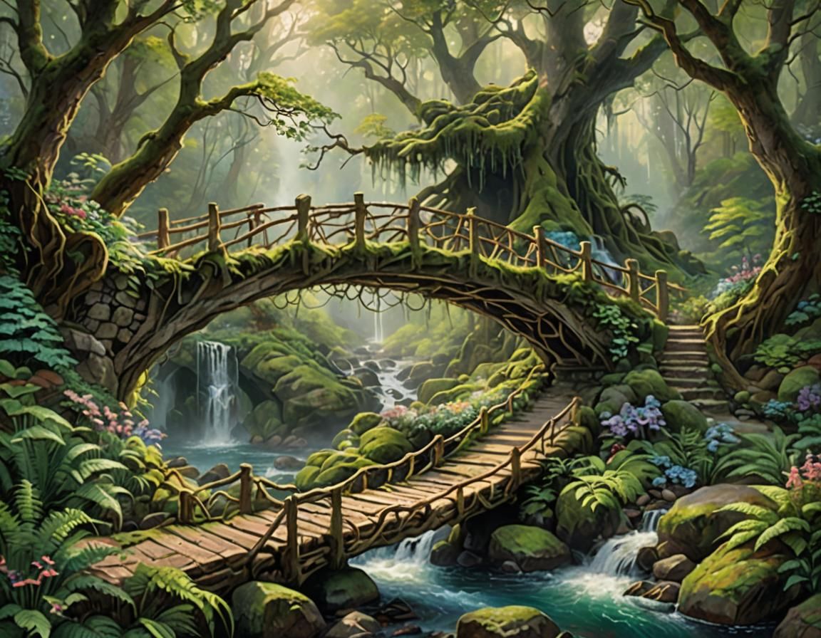 Ethereal Living Root Bridge in Hyperdetailed Forest