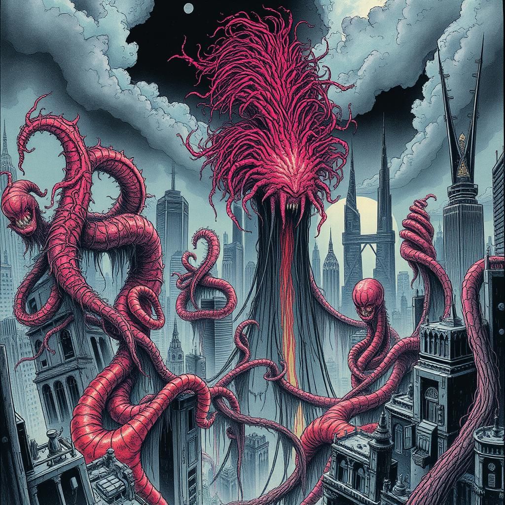 Eerie Organic Cityscape in Pen and Ink Style