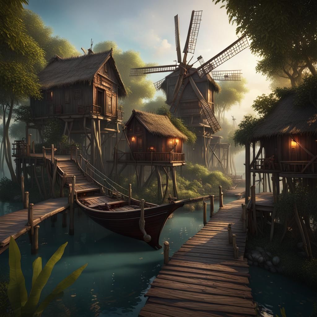 Enchanted Mangrove Village: Dark Fantasy Concept Art